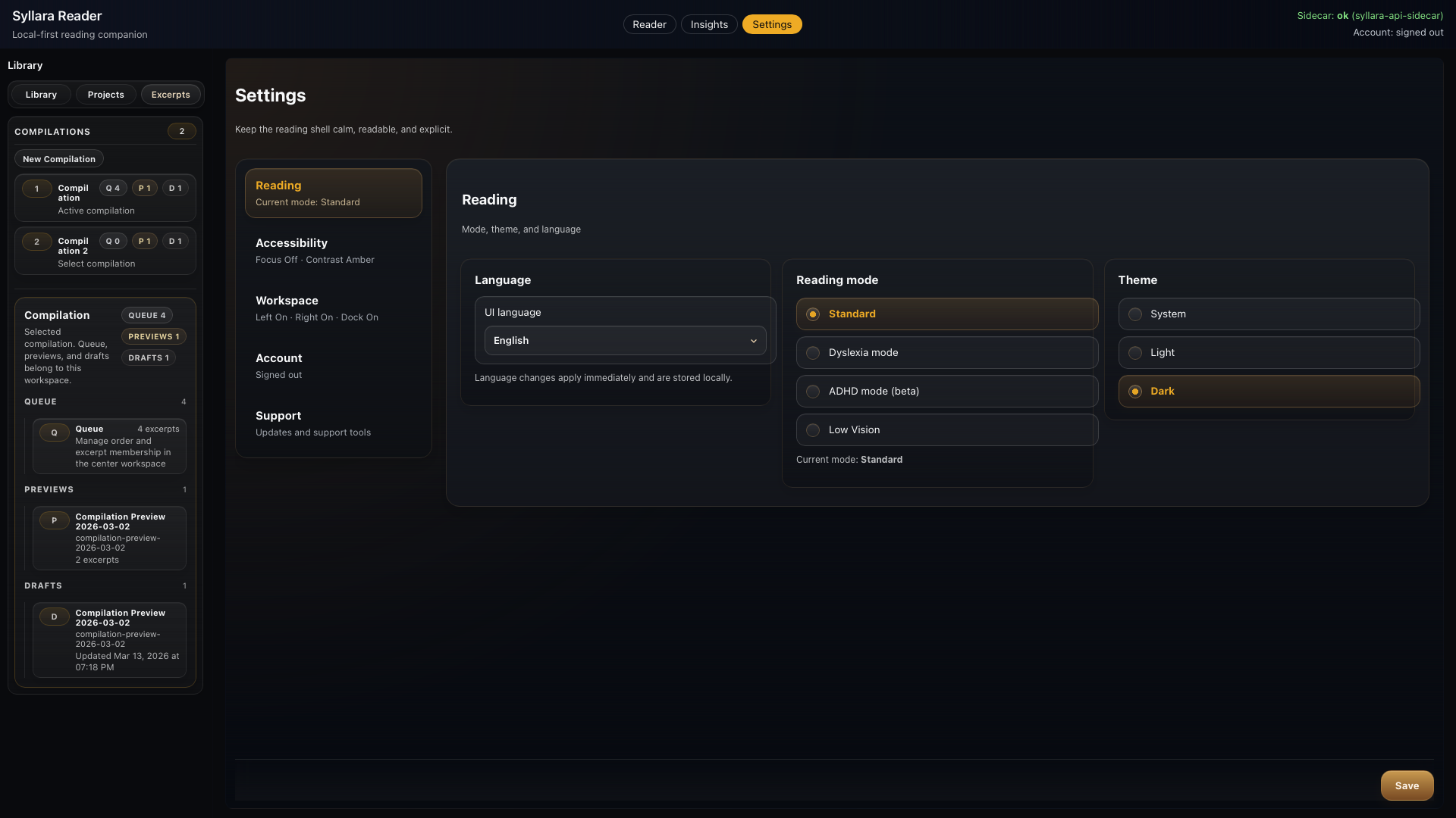 Reader dark theme controls view